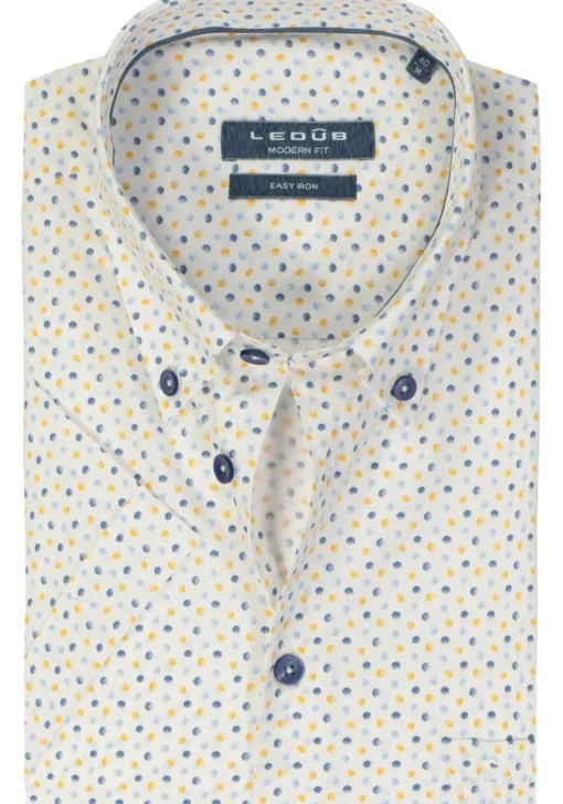 Ledub modern fit overhemd, korte mouw, wit met lichtgeel en blauw dessin