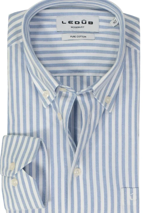 Ledub modern fit overhemd, popeline, middenblauw gestreept