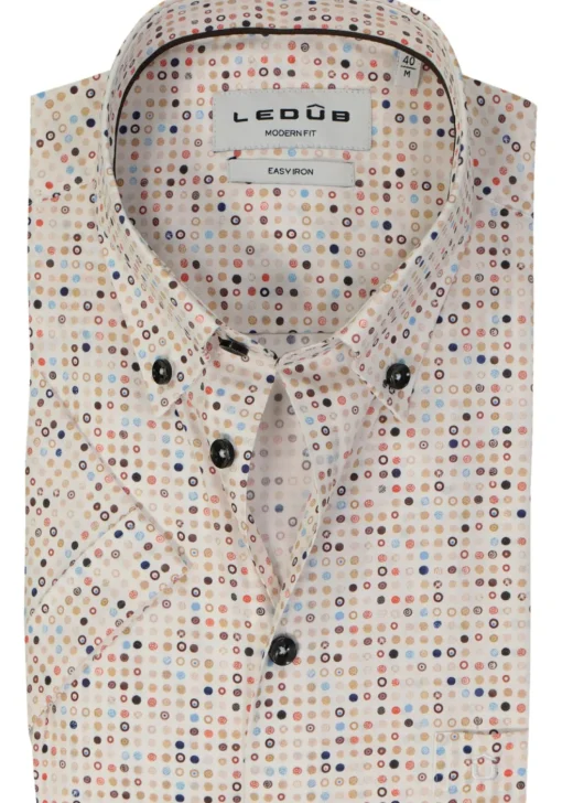 Ledub modern fit overhemd, korte mouw, popeline, wit met bruin en blauw dessin
