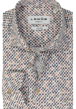 Ledub modern fit overhemd, popeline, bruin met wit en beige dessin