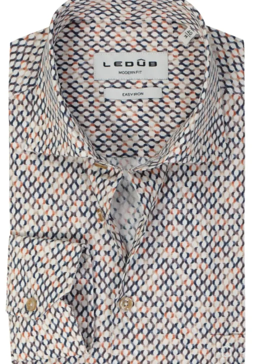 Ledub modern fit overhemd, popeline, bruin met wit en beige dessin