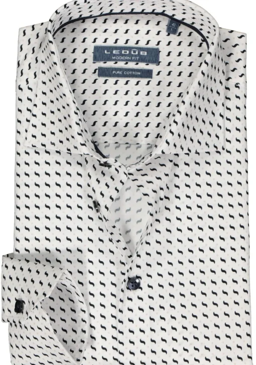 Ledub modern fit overhemd, wit met blauw en beige dessin