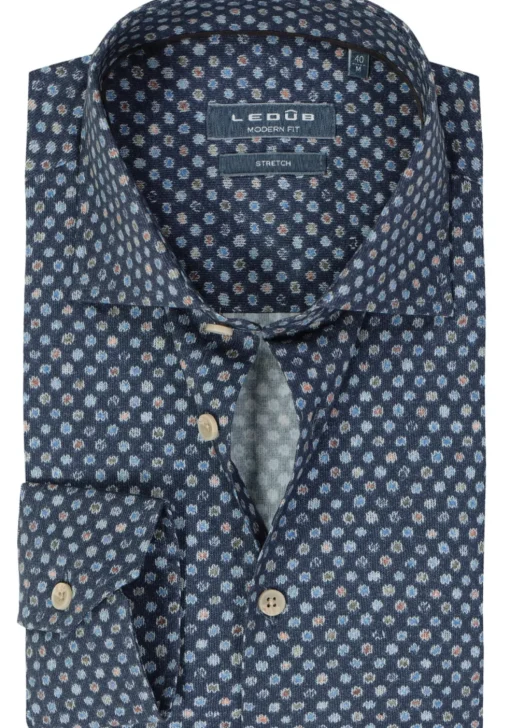 Ledub modern fit overhemd, popeline, donkerblauw dessin