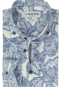 Ledub modern fit overhemd, popeline, middenblauw met wit dessin