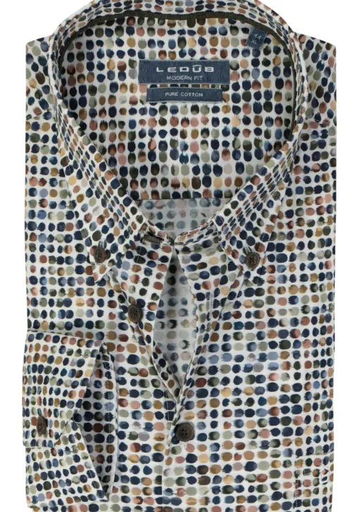 Ledub modern fit overhemd, popeline, middenbruin dessin