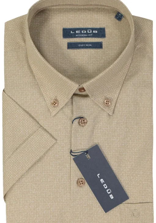 Ledub modern fit overhemd, korte mouw, beige mini dessin
