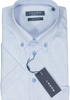 Ledub modern fit overhemd, korte mouw, popeline, lichtblauw met wit dessin