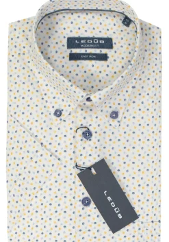 Ledub modern fit overhemd, korte mouw, wit met lichtgeel en blauw dessin