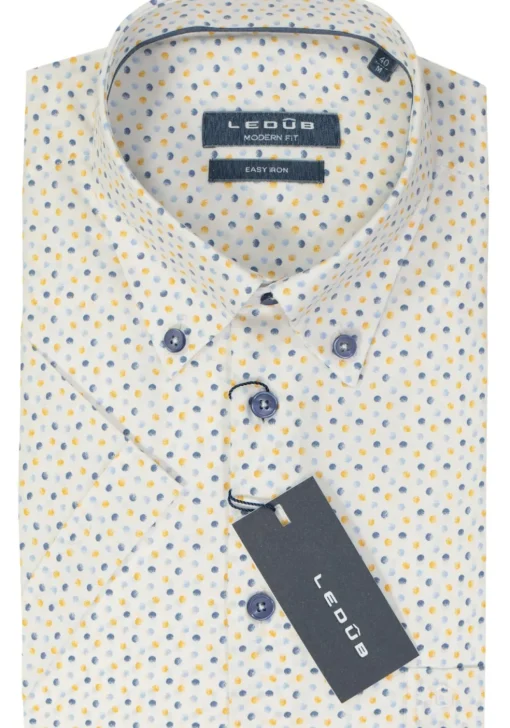 Ledub modern fit overhemd, korte mouw, wit met lichtgeel en blauw dessin