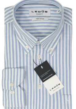 Ledub modern fit overhemd, popeline, middenblauw gestreept