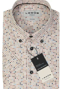 Ledub modern fit overhemd, korte mouw, popeline, wit met bruin en blauw dessin