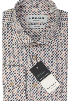 Ledub modern fit overhemd, popeline, bruin met wit en beige dessin