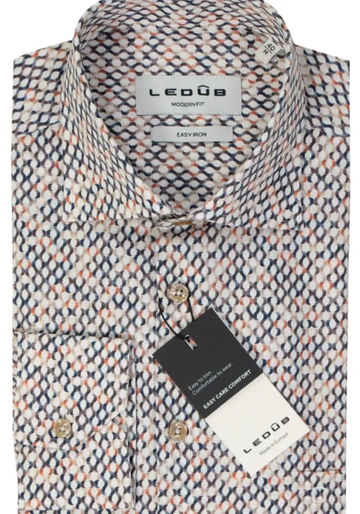 Ledub modern fit overhemd, popeline, bruin met wit en beige dessin