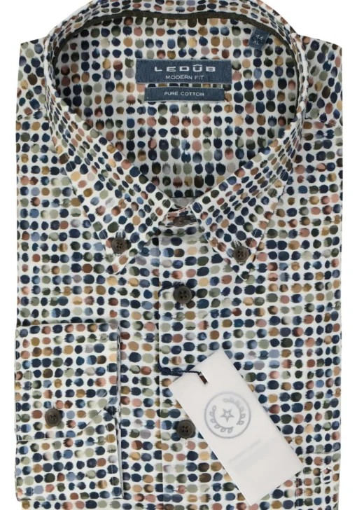 Ledub modern fit overhemd, popeline, middenbruin dessin