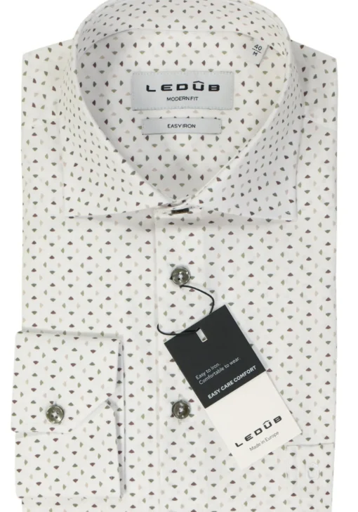 Ledub modern fit overhemd, popeline, wit met groen dessin