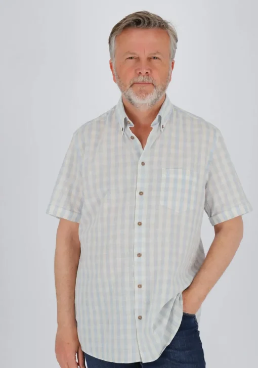 Ledub modern fit overhemd, korte mouw, popeline, lichtblauw geruit
