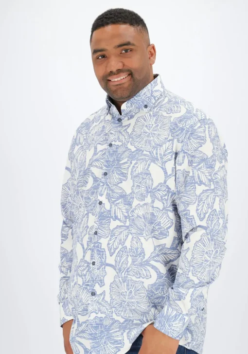 Ledub modern fit overhemd, popeline, middenblauw met wit dessin