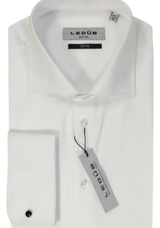 Ledub slim fit overhemd, dubbele manchet, wit twill
