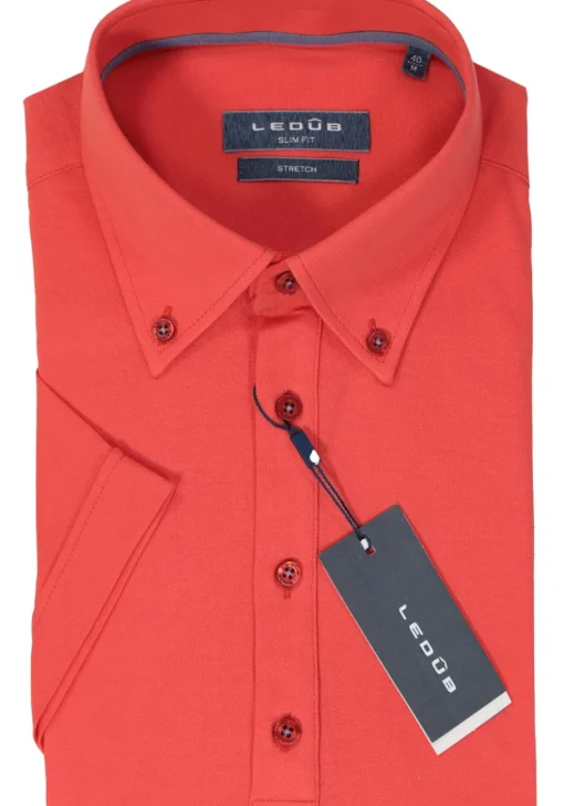 Ledub slim fit overhemd, korte mouw, koraal oranje tricot