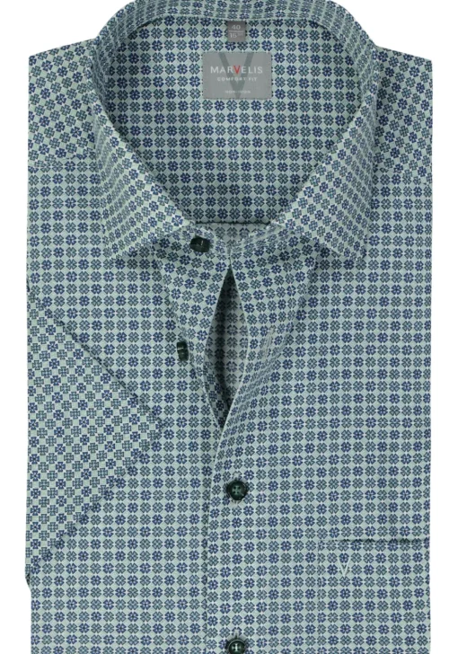 MARVELIS comfort fit overhemd, korte mouw, popeline, groen dessin