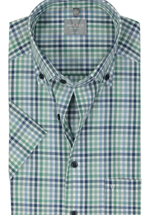 MARVELIS comfort fit overhemd, korte mouw, popeline, groen geruit