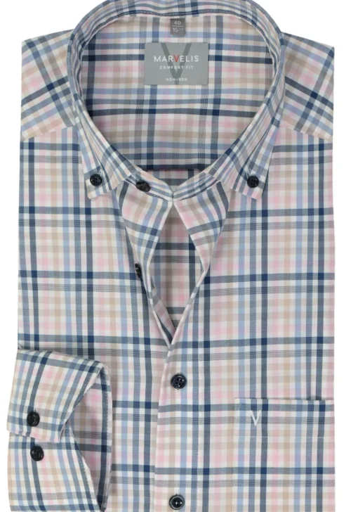 MARVELIS comfort fit overhemd, popeline, roze geruit