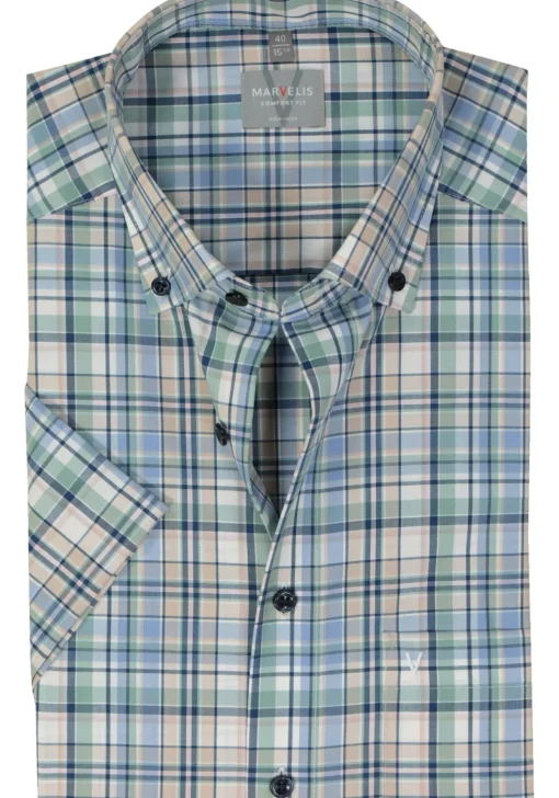 MARVELIS comfort fit overhemd, korte mouw, popeline, groen geruit