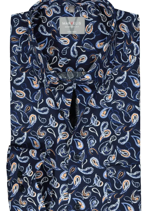 MARVELIS comfort fit overhemd, popeline, donkerblauw met wit, lichtblauw en oranje dessin
