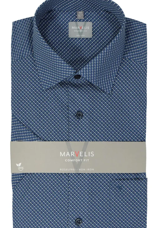 MARVELIS comfort fit overhemd, korte mouw, popeline, donkerblauw dessin