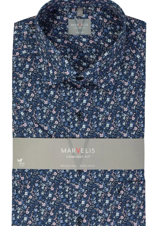 MARVELIS comfort fit overhemd, korte mouw, popeline, donkerblauw dessin