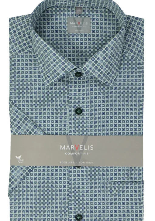 MARVELIS comfort fit overhemd, korte mouw, popeline, groen dessin