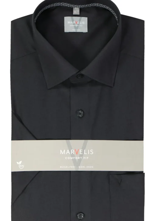 MARVELIS comfort fit overhemd, korte mouw, popeline, zwart