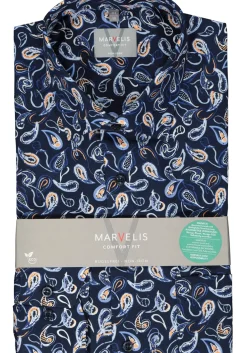 MARVELIS comfort fit overhemd, popeline, donkerblauw met wit, lichtblauw en oranje dessin
