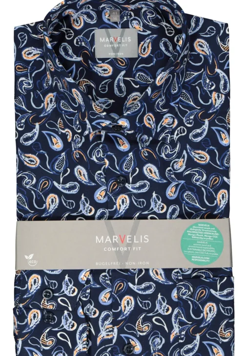 MARVELIS comfort fit overhemd, popeline, donkerblauw met wit, lichtblauw en oranje dessin