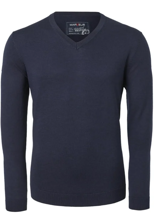 MARVELIS heren trui wol, V-hals, donkerblauw