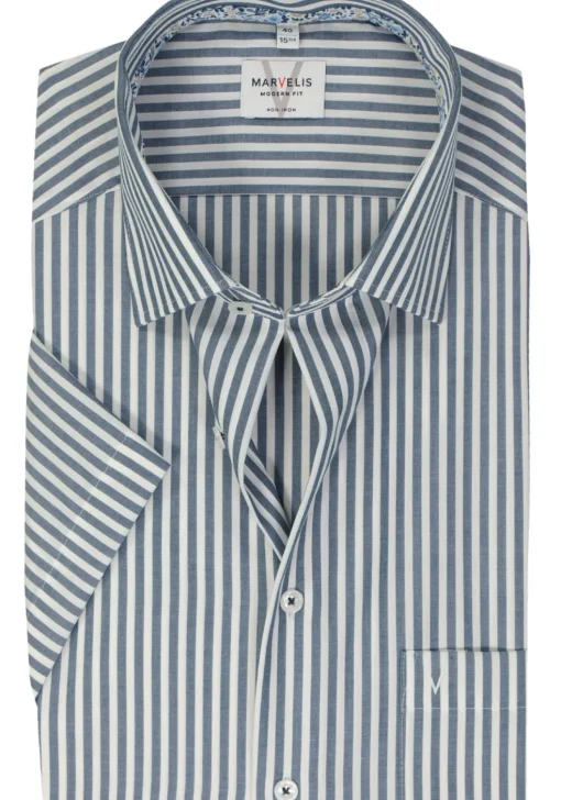 MARVELIS modern fit overhemd, korte mouw, popeline, donkerblauw gestreept