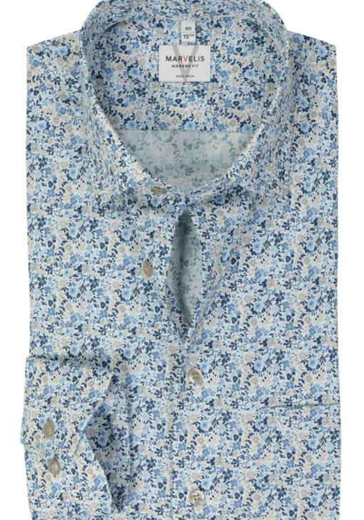 MARVELIS modern fit overhemd, mouwlengte 7, popeline, lichtblauw dessin