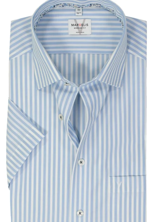 MARVELIS modern fit overhemd, korte mouw, popeline, lichtblauw gestreept