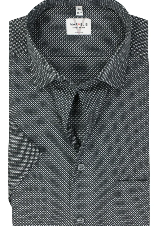 MARVELIS modern fit overhemd, korte mouw, popeline, zwart dessin