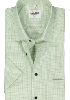 MARVELIS modern fit overhemd, korte mouw, popeline, lichtgroen met wit geruit