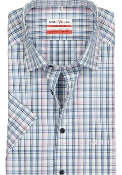 MARVELIS modern fit overhemd, korte mouw, popeline, wit met blauw en roze geruit
