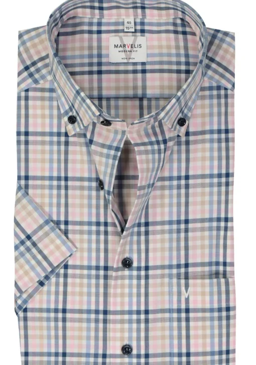 MARVELIS modern fit overhemd, korte mouw, popeline, roze geruit