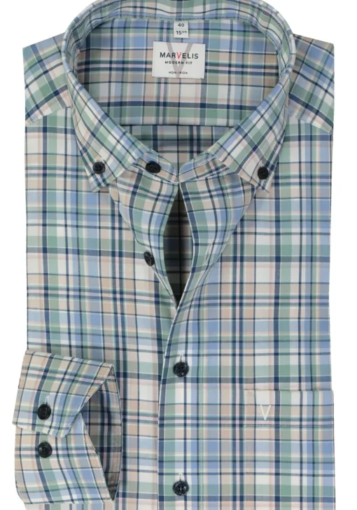 MARVELIS modern fit overhemd, popeline, groen geruit