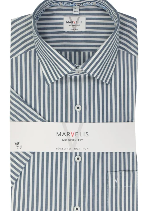 MARVELIS modern fit overhemd, korte mouw, popeline, donkerblauw gestreept