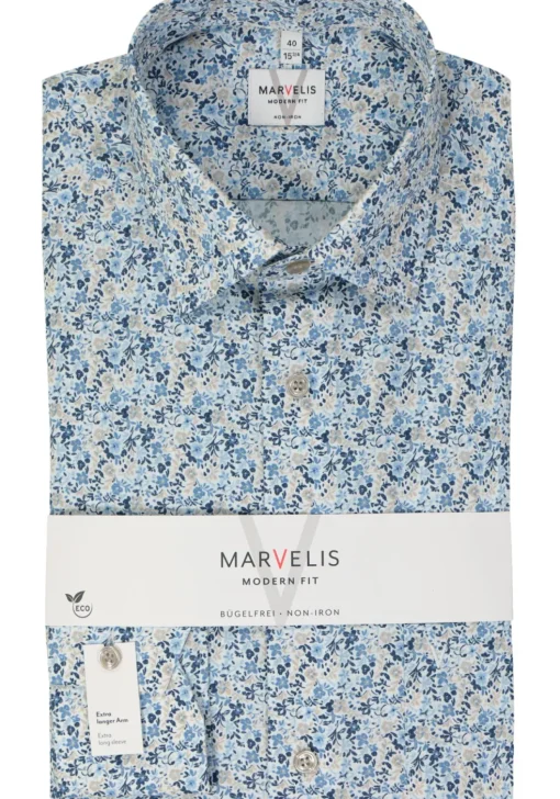 MARVELIS modern fit overhemd, mouwlengte 7, popeline, lichtblauw dessin