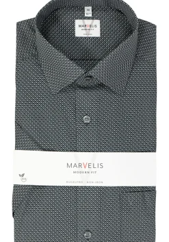 MARVELIS modern fit overhemd, korte mouw, popeline, zwart dessin