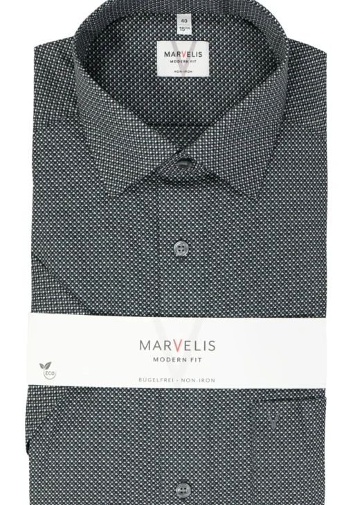 MARVELIS modern fit overhemd, korte mouw, popeline, zwart dessin
