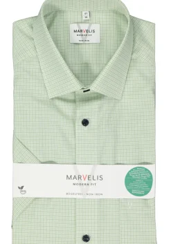 MARVELIS modern fit overhemd, korte mouw, popeline, lichtgroen met wit geruit