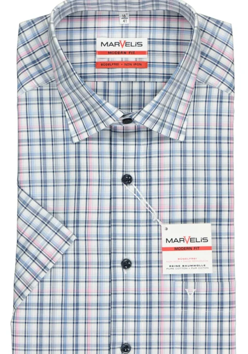 MARVELIS modern fit overhemd, korte mouw, popeline, wit met blauw en roze geruit