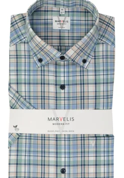 MARVELIS modern fit overhemd, korte mouw, popeline, groen geruit